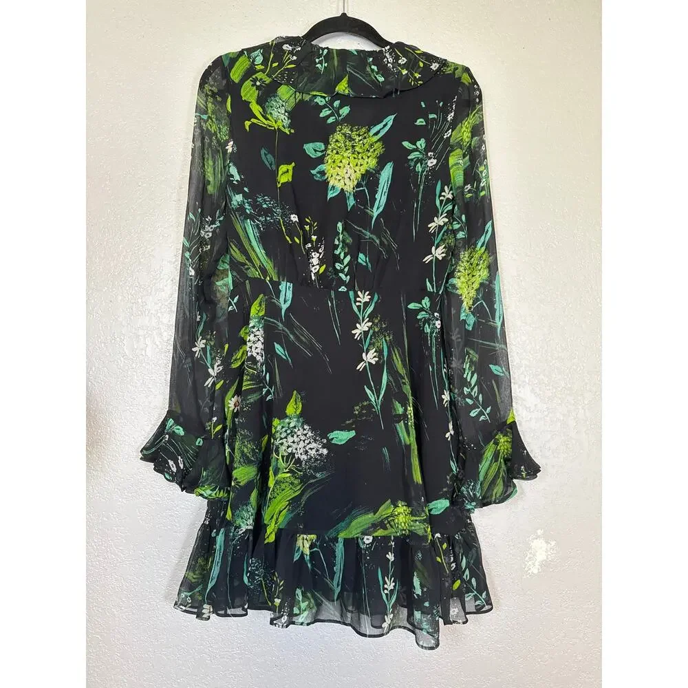 Secret Mission Silk Daisy Floral Dress Womens Medium Black Green Sheer Tiered - Picture 6 of 10